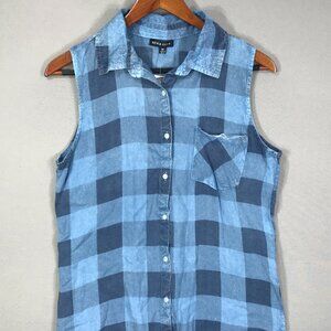 Style Envy Shirt Women's Medium Blue Plaid Tunic Button Up Sleeveless Pocket NWT